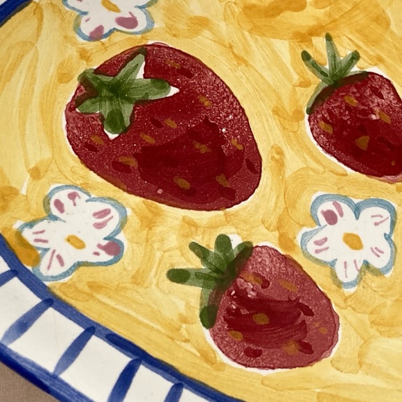 Handmade Hungarian Heart Shape Plate With Stripes And Strawberries Signed - Picture 5 of 11